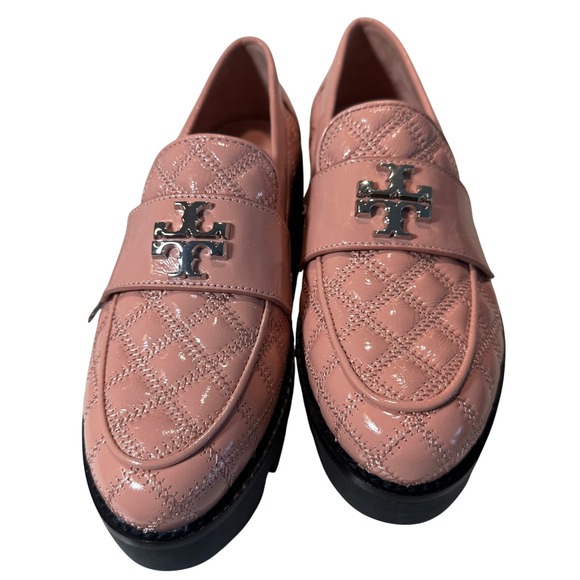 Tory Burch Loafers Pink Quilted Leather Lug Sole Platform Slip